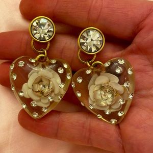 Vintage Betsey Johnson lucite heart rose rhinestone earrings